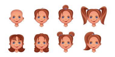 Farklı saç şekilleriyle gülümseyen kadın yüz simgeleri. Tatlı kızlar için ikon koleksiyonu. Vektör illüstrasyonu