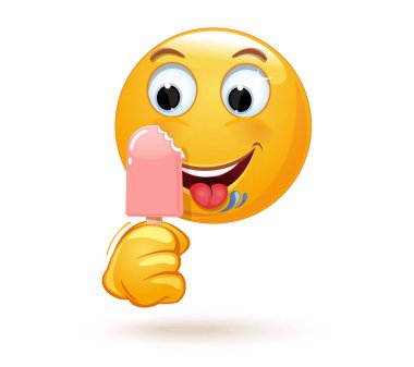 Happy emoji dondurma yalıyor. Güneş gözlüklü duygusal yüz, çubukta ısırılmış dondurma tutuyor. Vektör illüstrasyonu