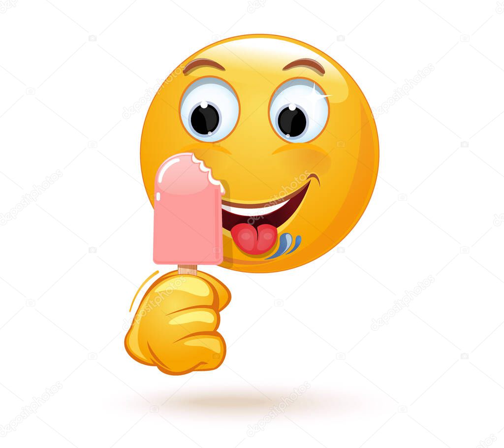 Happy emoji licks ice cream. Emoticon face in sunglasses holding a bitten off ice cream on a stick. Vector illustration