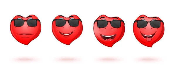 Set Anthropomorphic Hearts Sunglasses Red Emoticons Hearts Different Facial Expressions — Stock Vector