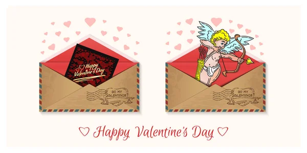 Sobres Vintage Con Felicitaciones Por Día San Valentín Cupido Dispara — Vector de stock