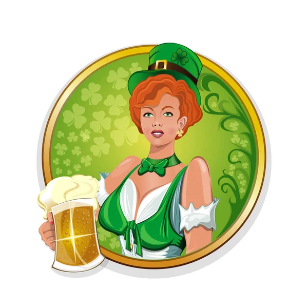 红头发的爱尔兰姑娘戴着妖精帽手里拿着一杯啤酒圣帕特里克日标签 Vecton例证 — 图库矢量图片