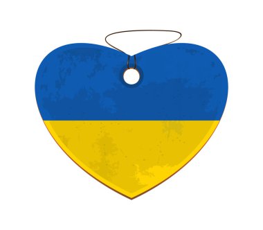 Ukrayna bayrağı renginde karton kalp ve sarı-mavi kurdele. Vektör illüstrasyonu