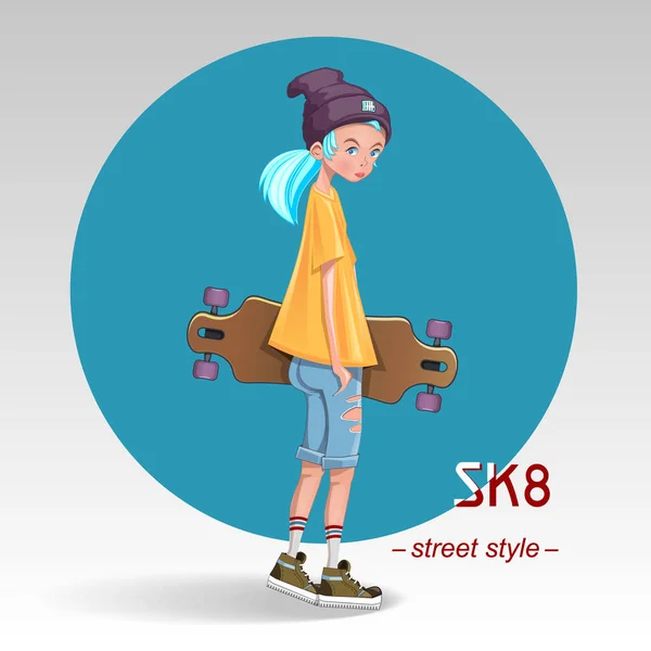 腕の下にスケートをしている女の子 Sk8ストリートスタイル ベクターイラスト — ストックベクタ