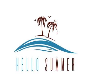 Palmiye ağaçları ve martılarla birlikte yaz logosu tasarımı. Merhaba yaz. Vektör illüstrasyonu