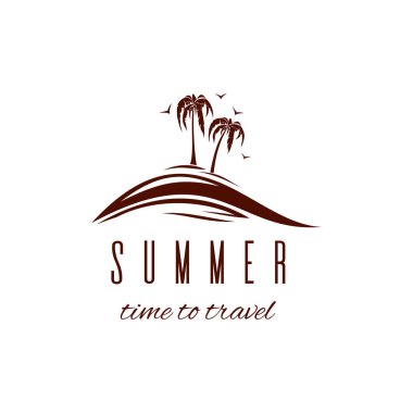 Palmiye ağaçları ve martılarla birlikte yaz logosu tasarımı. Seyahat etmek için yaz zamanı. Vektör illüstrasyonu