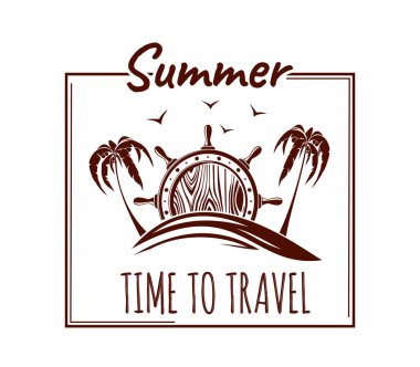 Palmiye ağaçları, martılar ve direksiyonlu yaz logosu tasarımı. Seyahat etmek için yaz zamanı. Vektör illüstrasyonu