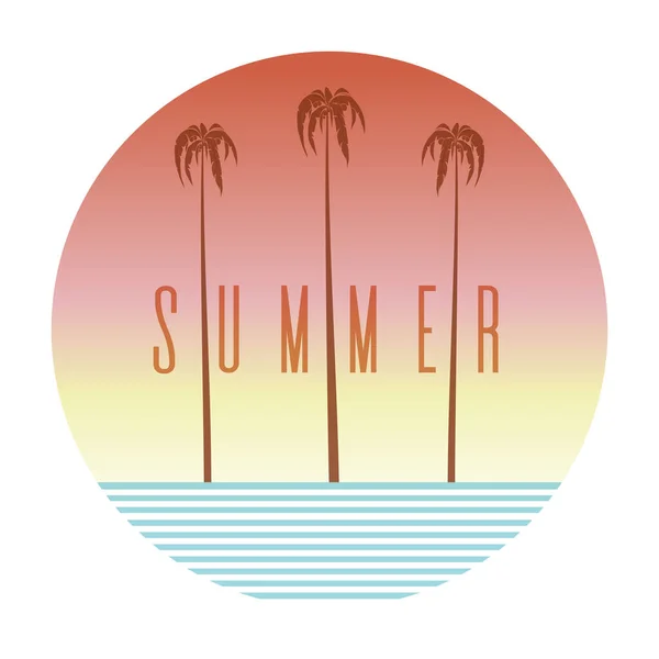 Sommer Logo Design Rundbanner Mit Palme Meer Und Schriftzug Vektorillustration — Stockvektor