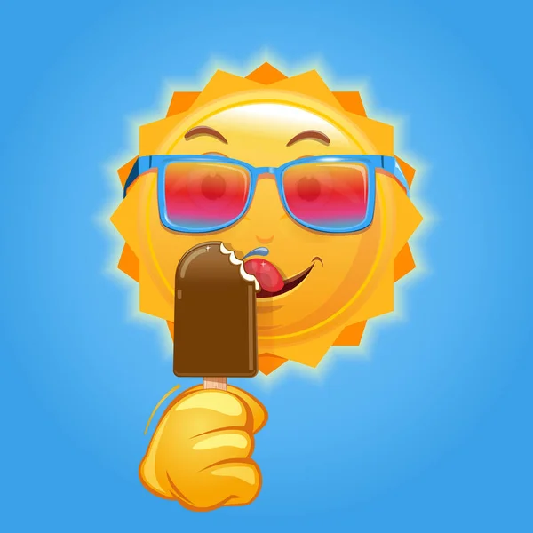サングラスの人型のかわいい太陽は棒のチョコレートアイスクリームを食べる ベクターイラスト — ストックベクタ