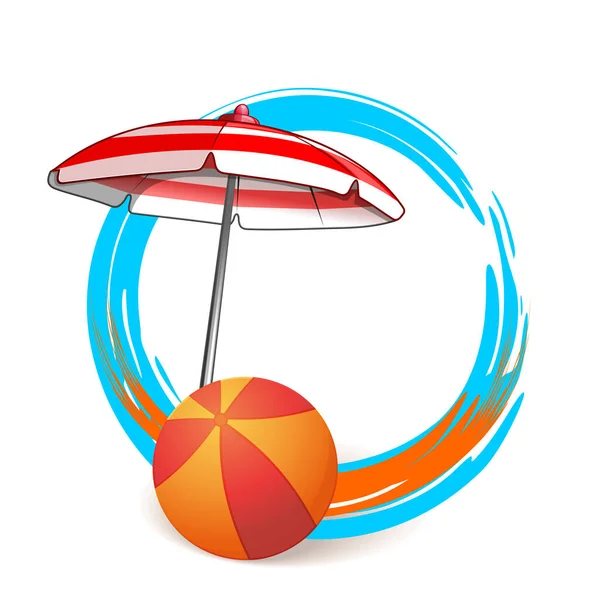 装饰圆圆的夏季框架与自由的文字空间 圆形夏季横幅与彩色橡胶球和海滩伞 矢量说明 — 图库矢量图片