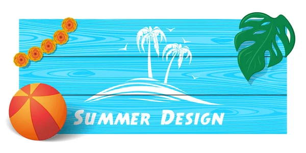 Summer Design Wooden Board Image Palm Trees Sea Wave Vector — Stock Vector