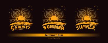 Yaz güneşi logosu tasarımı. Denizin üzerindeki güneş. Yaz grunge tarzı simgeler seti. Vektör illüstrasyonu