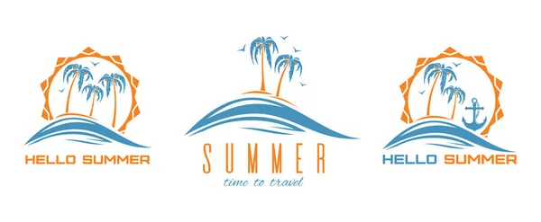 Colored Summer Logos Set Sea Palm Trees Hello Summer Time — Stockový vektor