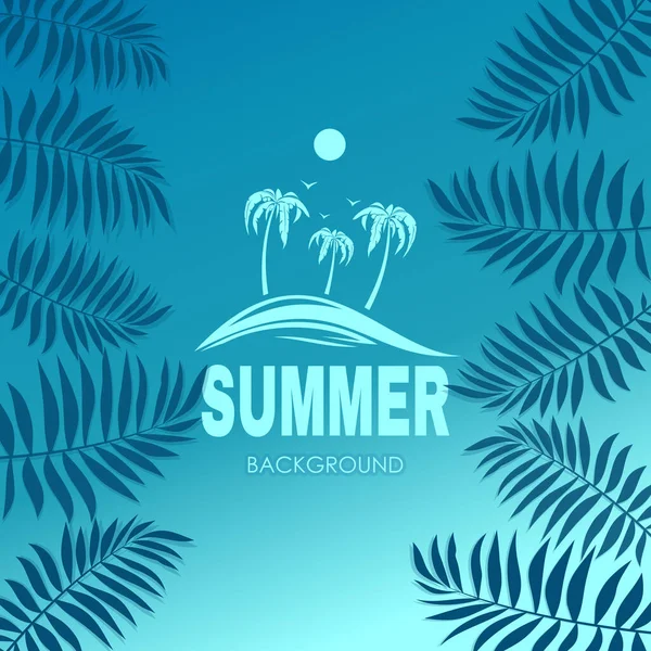 Summer Design Palm Leaves Silhouette Tropical Island Blue Background Vector — Stockvektor