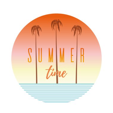 Summer time logo design. Round banner with palm tree, sea and lettering. Vector illustration