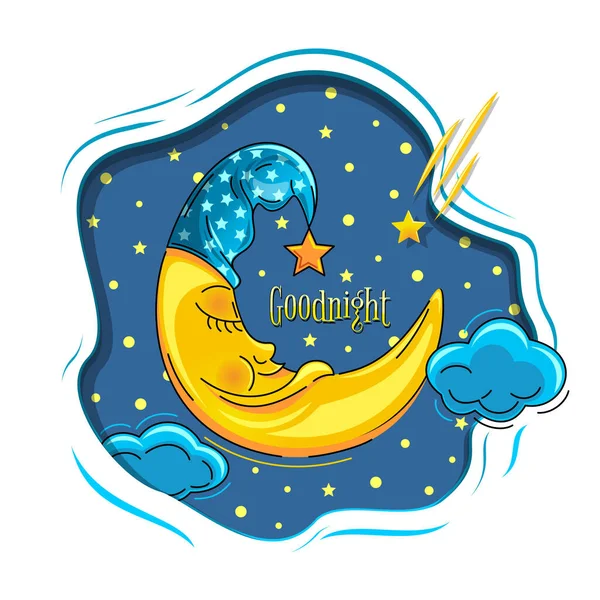 Anthropomorphic Moon Sleeps Sweetly Starry Sky Cartoon Moon Night Cap — Stockvektor