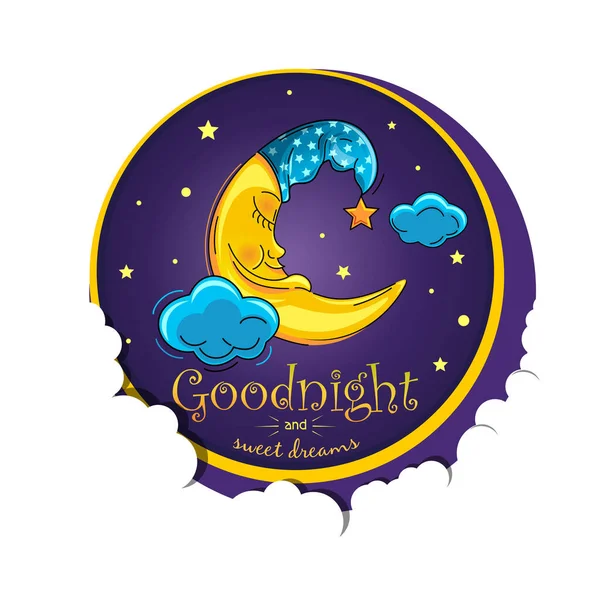 Anthropomorphic Moon Sleeps Sweetly Starry Sky Cartoon Moon Night Cap — Stok Vektör