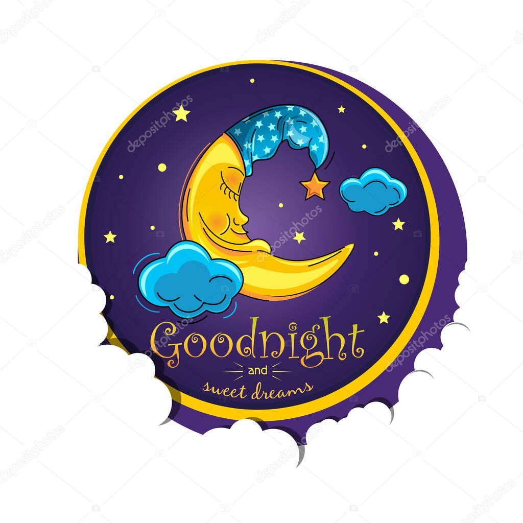 The anthropomorphic moon sleeps sweetly in the starry sky. Cartoon moon in a night cap. Sleeping moon. Good night and sweet dreams. Vector illustration