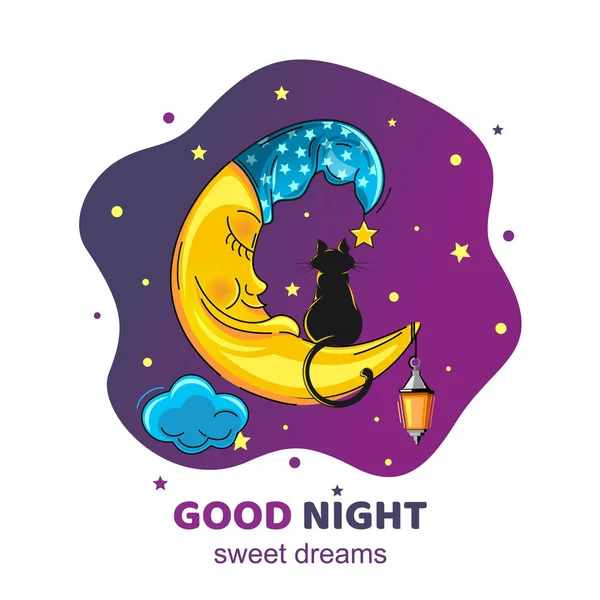 Sleeping Moon Cartoon Moon Night Cap Black Cat Sits Sleeping — Stock Vector