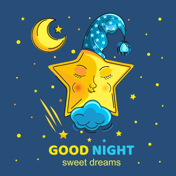 Anthropomorphic Star Sleeps Night Sky Cute Cartoon Star Night Cap — Stock Vector