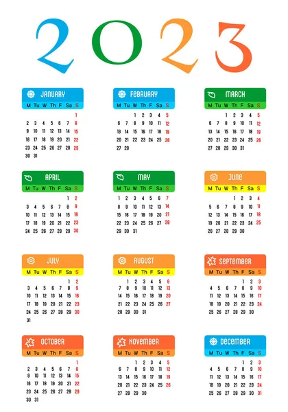 Calendar 2023 Limba Engleză Calendar Împărțire Anotimpuri Zilele Săptămânii Sunt — Vector de stoc