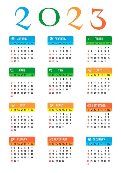 Kalendář 2023 Angličtině Kalendář Rozdělením Ročních Období Zima Jaro Léto — Stockový vektor