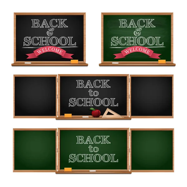 学校に戻る 知識の日のために設定された黒板 黒板にチョークで文字を描く学校へようこそ ベクターイラスト — ストックベクタ