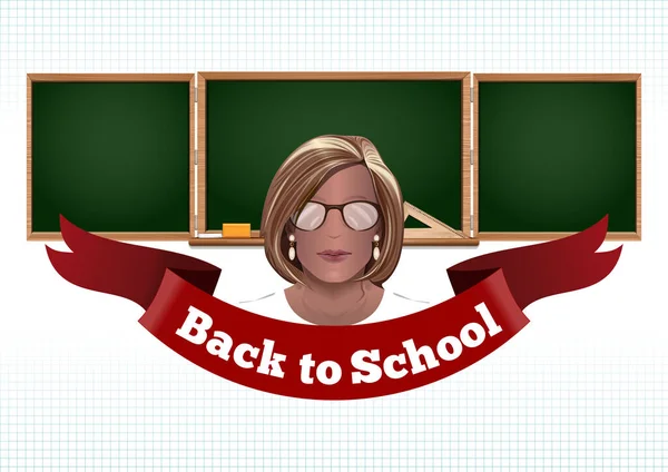 Female Teacher Blackboard Background Back School Card Young Cute Teacher — ストックベクタ