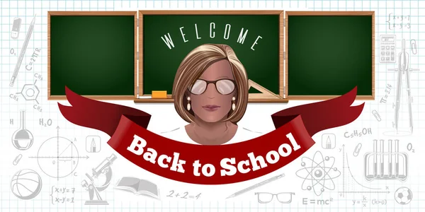 スクールバナーのコンセプトデザイン 黒板に眼鏡をかけた厳格な女教師 学校に戻る ベクターイラスト — ストックベクタ