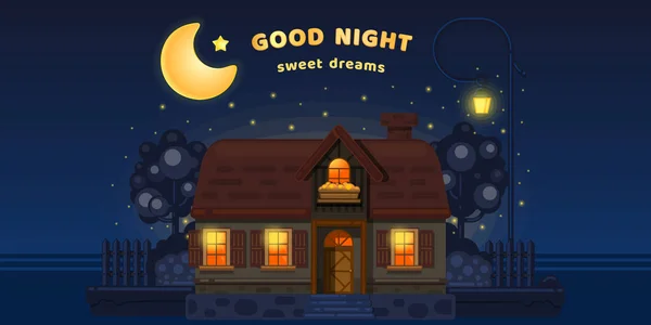 Night House Good Night Sweet Dreams Goodnight Banner Vector Illustration — Stock Vector