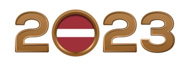 İçinde Letonya bayrağı olan 2023 altın numara. 2023 numaralı logo metin tasarımı beyaza izole edildi. Vektör illüstrasyonu
