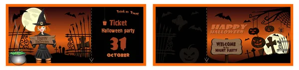 Halloween Night Party Ticket Halloween Spandoek Met Gesneden Grappige Pompoenen — Stockvector