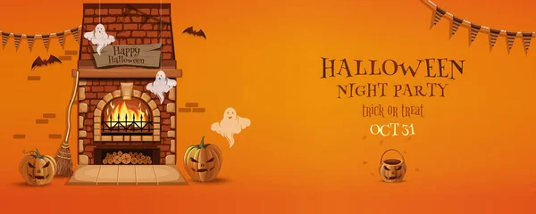 Diseño Banner Horizontal Halloween Quema Chimenea Decorada Para Celebrar Halloween — Vector de stock