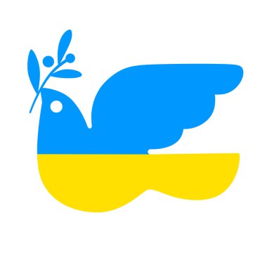 Ukrayna bayrağının renklerinde uçan güvercin defne dalına sahiptir. Barış sembolü, savaş konsepti yok. İzole vektör çizimi. Ukrayna 'ya destek. Savaş yok..