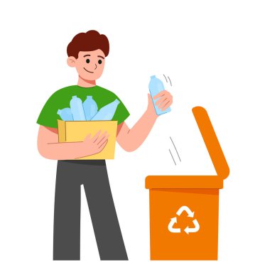 Adam çöp kutusuna plastik çöp topluyor. Çöpleri ayıran karakter. Plastik kirliliği sorunu kavramı. Düz çizgi film vektör çizimi.