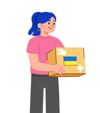 Ukraynalı mülteciler için insani yardım. Gönüllü örgüt, bağışlarla birlikte karton kutular veriyor. Ukrayna Vektörü 'nde barış için dua edin. Dua konsepti. Savaş yok..  