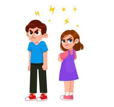 Yüzünde hoşnutsuz bir ifadeyle kollarını kavuşturup poz veren kızgın bir erkek ve kızın vektör çizimi. agresif çocuklar 