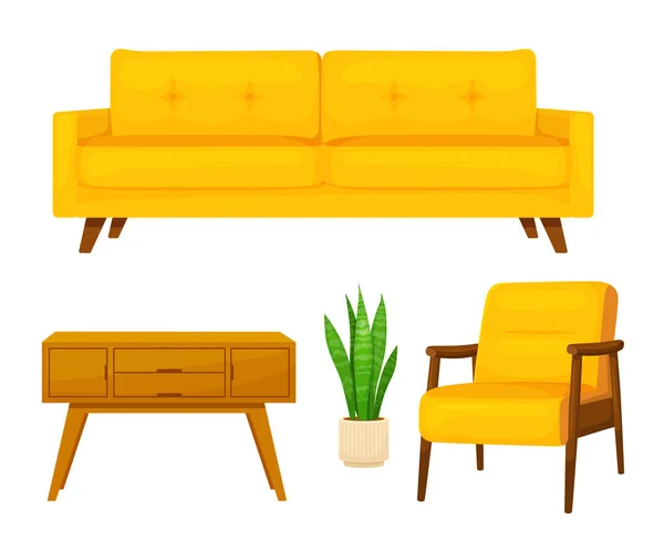 客厅内卡通家庭元素设置独立于白色 病媒舒适的黄色沙发 扶手椅 标准灯台花盆 卧室和客厅的家具 现代室内设计 — 图库矢量图片