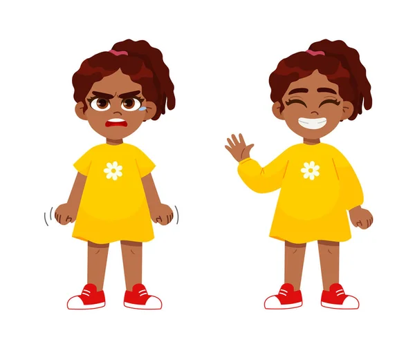 Child Emotions Set Very Angry Girl Standing Pose Cute Happy — Stock Vector