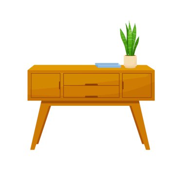 Ahşap desenli şifonyer, tuvalet. Çekmeceler, komodin seti. Vektör. Mobilya ikonu düz tasarımda. Yatak odası için karikatür malzemeleri, beyaz arka planda izole edilmiş oturma odası..