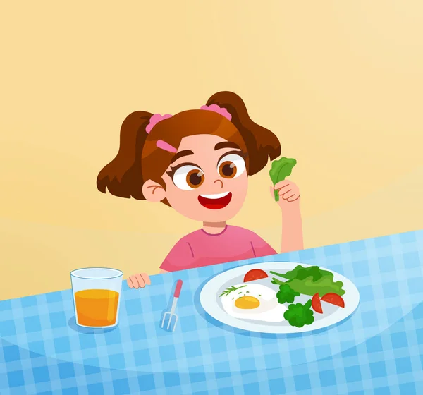 Menina Bonito Comer Café Manhã Almoço Refeições Ilustração Caráter Vetorial — Vetor de Stock