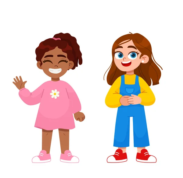 Bonito Crianças Meninas Feliz Sorrindo Plana Cartoon Vector Personagem Ilustração — Vetor de Stock