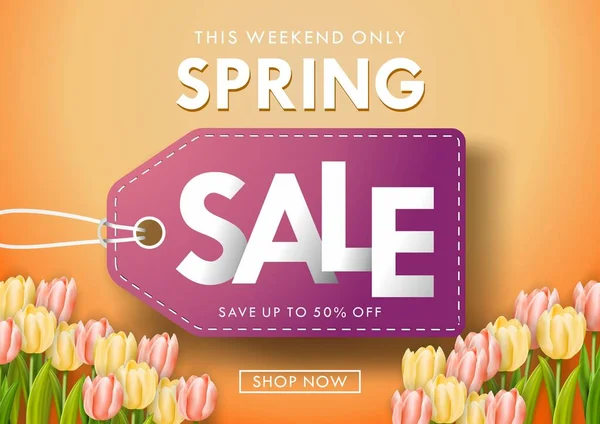 Tarjeta de venta primavera con tulipanes rosados y amarillos — Vector de stock