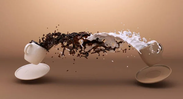 Deux tasses de café renversé créant éclaboussure — Photo