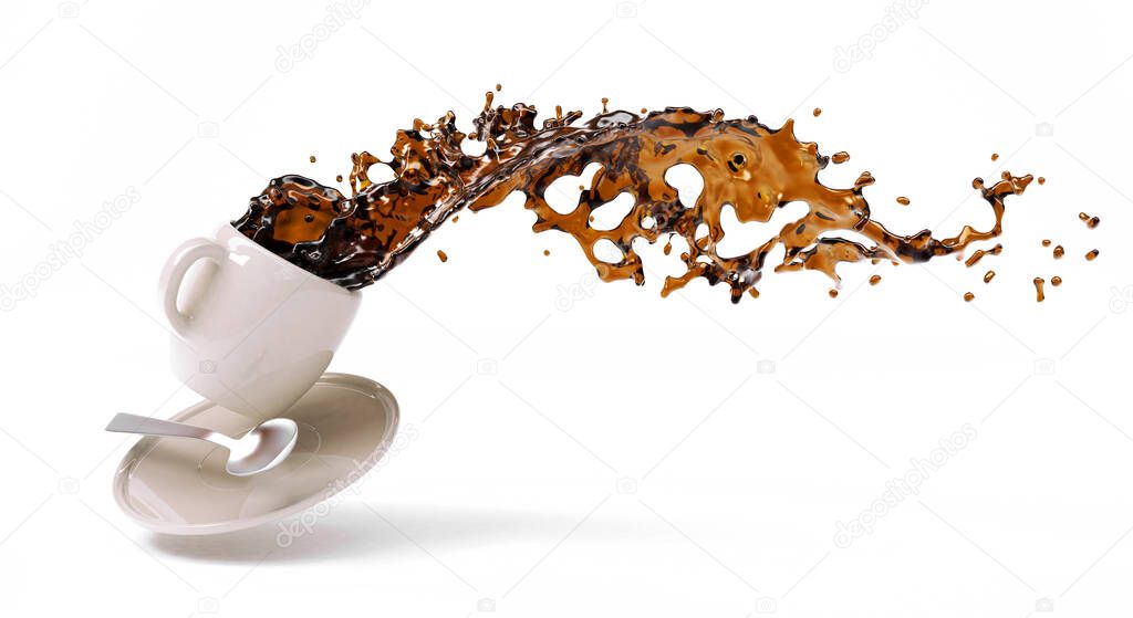 coffee spilling out of a mug isolated on white background