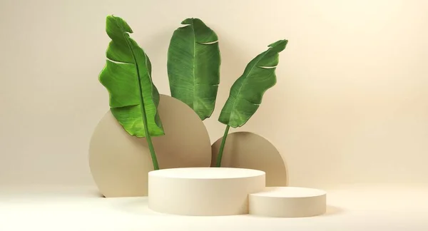 Bej arka planda, palmiye yapraklı podyum ile minimum modern ürün gösterimi, 3D görüntüleme
