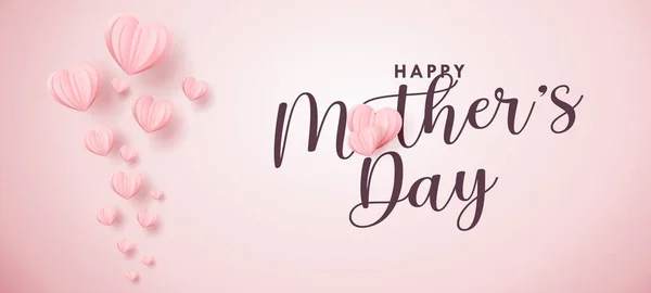 Anneler günü tebrik kartı. Uçan pembe kağıt kalpli vektör bayrağı.