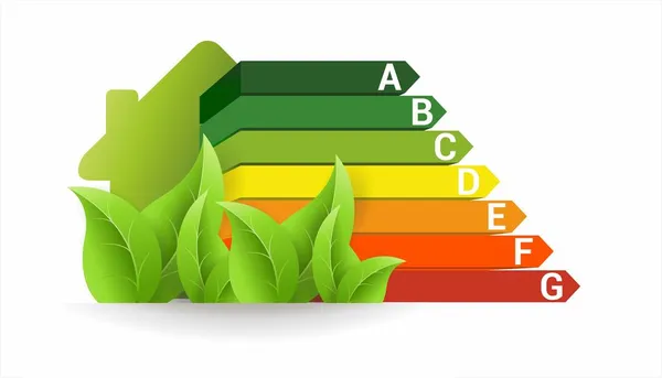 Energieeffizienzklassen mit Haus und Laub, Vektorkonzept — Stockvektor