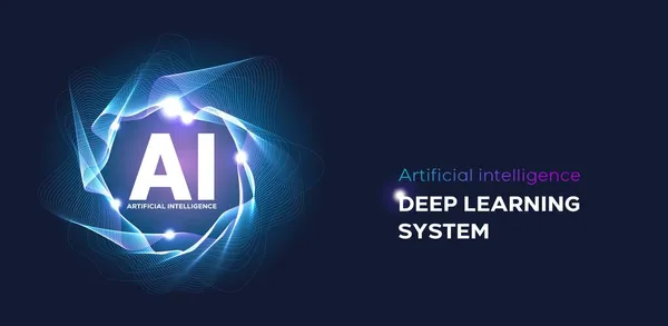 Artificiell intelligens landningssida. Hemsida mall för ai maskin djupt lärande teknik sci-fi koncept. — Stock vektor