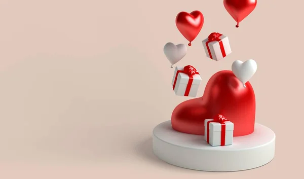 День Святого Валентина Фон Реалистичными Праздничные Подарочные Коробки Сердца Шарики — стоковое фото